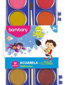 ACUARELA ESCOLAR CON PINCEL 12 PASTILLAS28MM